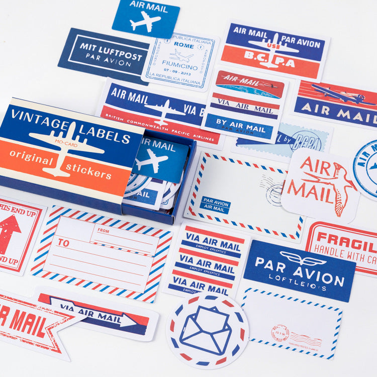 Airmail and Par Avion label stickers in blue and red tones for letter and journal decoration