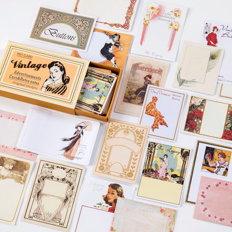 Artistic illustration label stickers with portrait and decorative motifs on aged paper