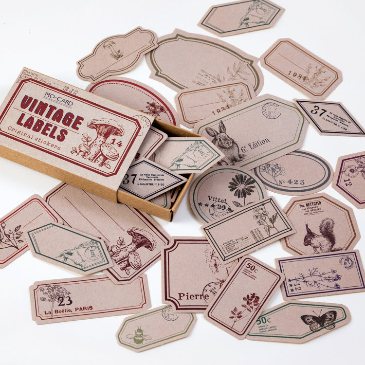 Botanical and plant note label stickers in kraft paper tones with pressed-flower motifs