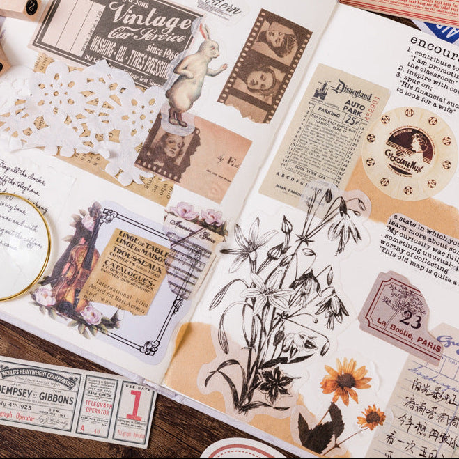 Translucent vintage label stickers with frame and window designs for junk journaling