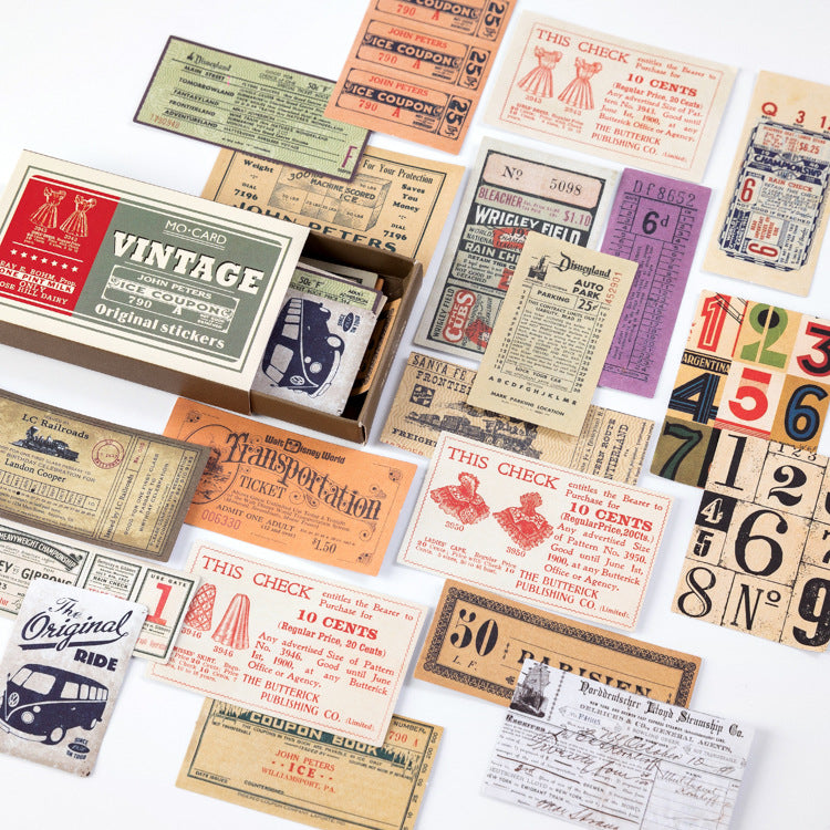Numbered ticket and coupon label stickers in vintage typeset style for junk journaling