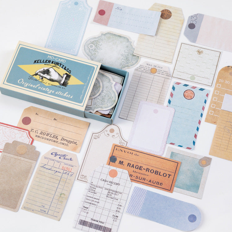 Old-fashioned hang tag and label stickers in translucent paper with vintage typography