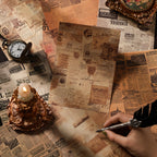 Distressed vintage newspaper print art paper sheets from the collage kit, styled with a lit candle, antique pocket watch and feather quill pen