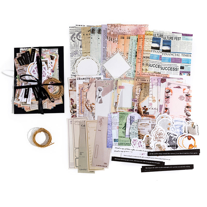 Vintage Newsprint ephemera kit with newspaper clippings, vintage ads, and coffee-themed stickers for collage