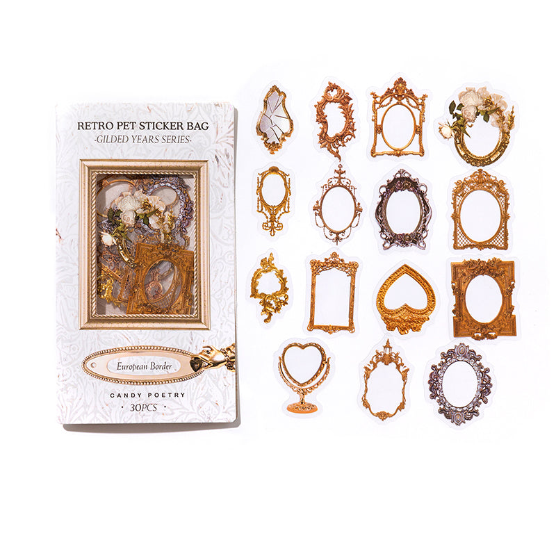 European border PET sticker pack with ornate gold frames, oval mirrors, and decorative edges in various antique finishes.