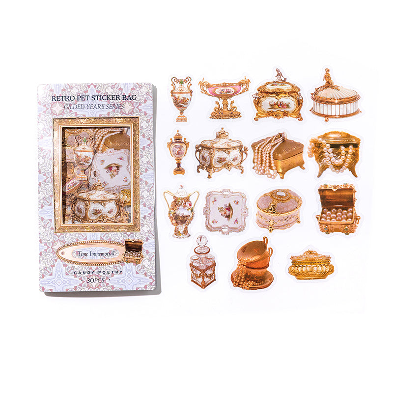 Flowing light years PET sticker pack with vintage jewelry boxes, perfume bottles, teapots, and pearl necklaces on white background.
