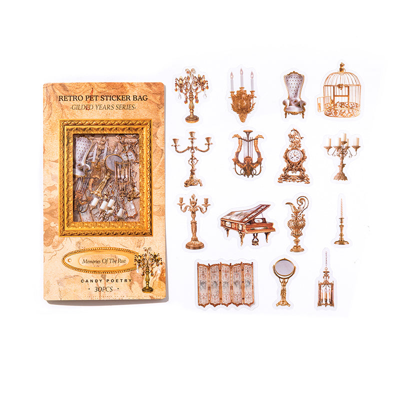 Memories of the past PET sticker pack with antique candelabras, pianos, birdcages, chairs, and ornate mirrors displayed flat.