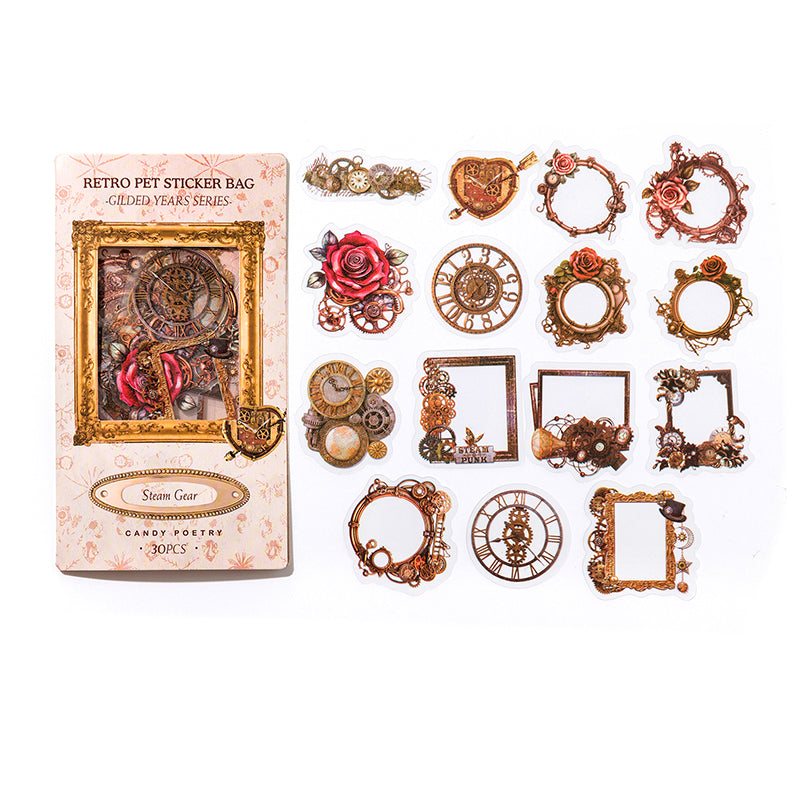 Steam gear PET sticker pack with brass gears, clock faces, heart locks, red roses, and ornate steampunk frames.