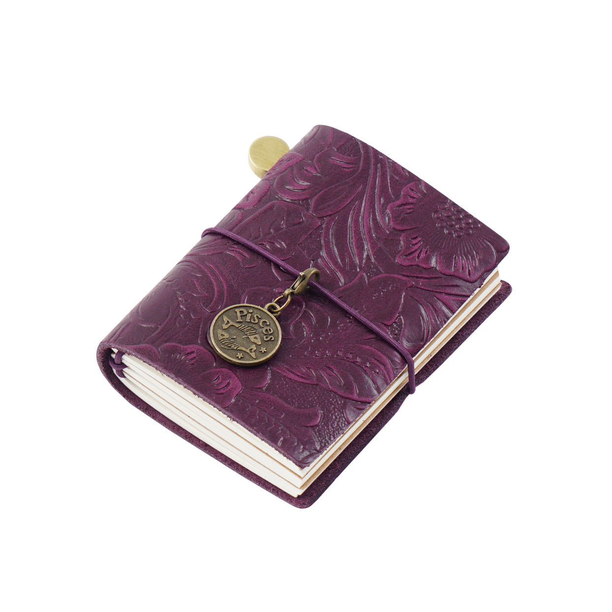 Vintage Plum embossed faux leather mini journal with bronze Pisces zodiac charm by Paperlooms