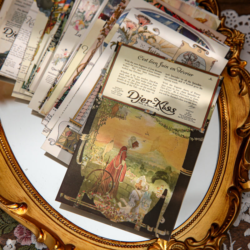 Multiple vintage floral postcards fanned out showing unique designs with gold frames, botanical illustrations, romantic typography, and classical figure artwork
