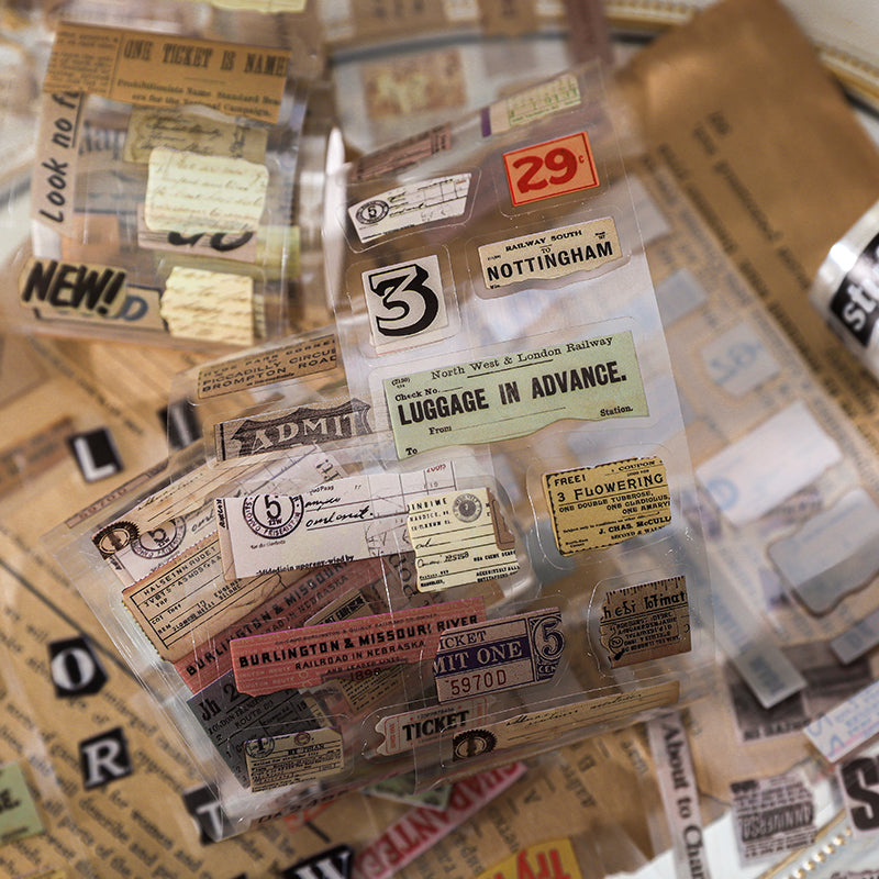 Clear PET tape with vintage railway tickets luggage tags and admission stubs in faded green cream and sepia tones
