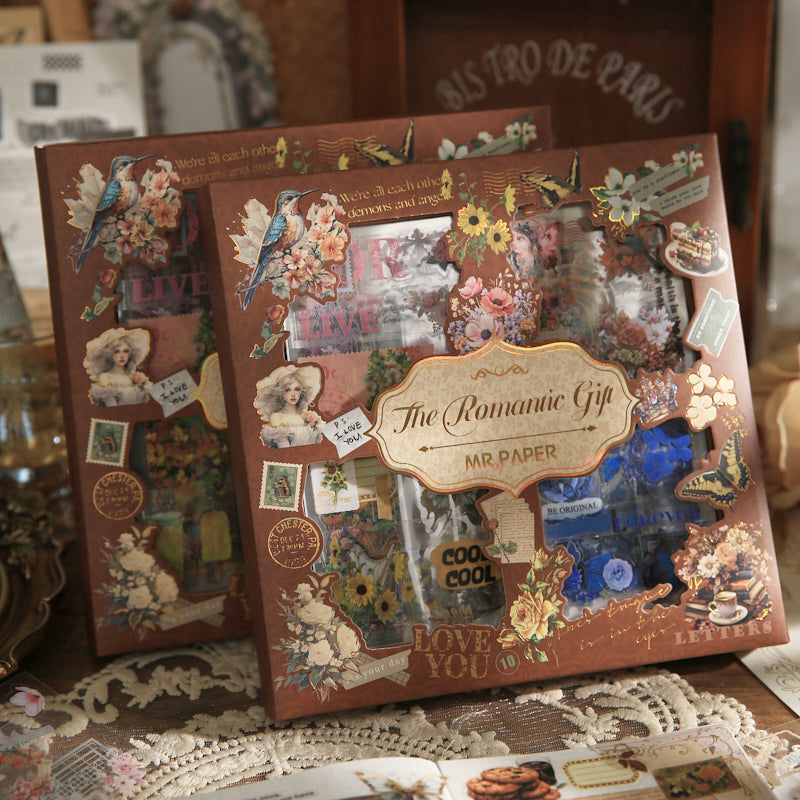 Image of Vintage Romantic PET Sticker Gift Box by Mr.Paper, sealed box with bird and floral collage design, 100 unique pre-cut transparent stickers for junk journals