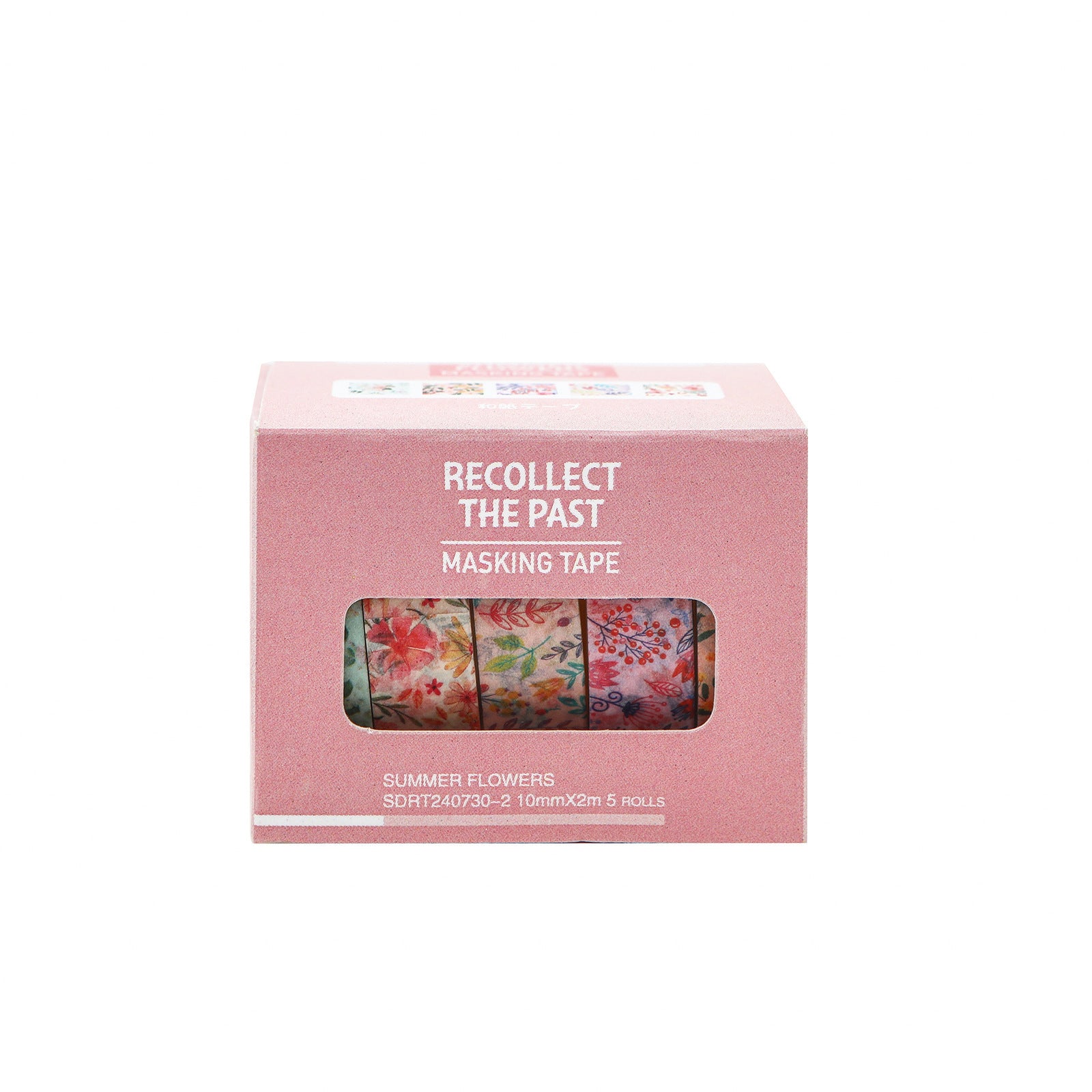 Variant image for the Vintage Rose dusty pink floral washi tape set. Includes 5 rolls of aesthetic botanical masking tape in a vintage pink box.