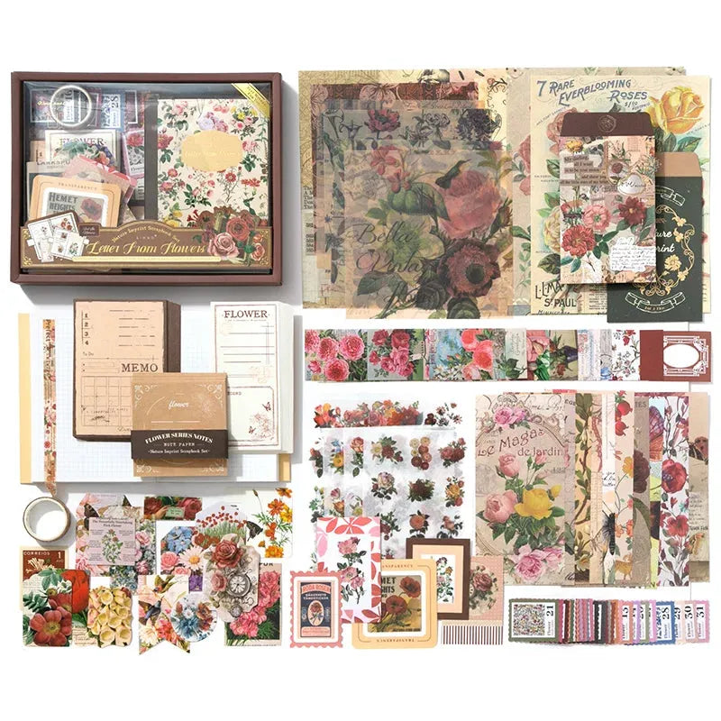 Variant image for The Complete Set (Letter From Flowers) vintage floral scrapbook starter kit gift box. Displays the beautiful window display box featuring romantic rose illustrations, text 'Romantic Floral Series', and 'Contents: ~150 pcs' for aesthetic journaling.