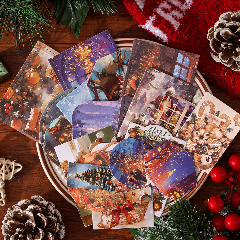 Scattered vintage Christmas stickers with Santa Claus and snowy village scenes in warm nostalgic art style