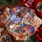 Scattered vintage Christmas stickers with Santa Claus and snowy village scenes in warm nostalgic art style