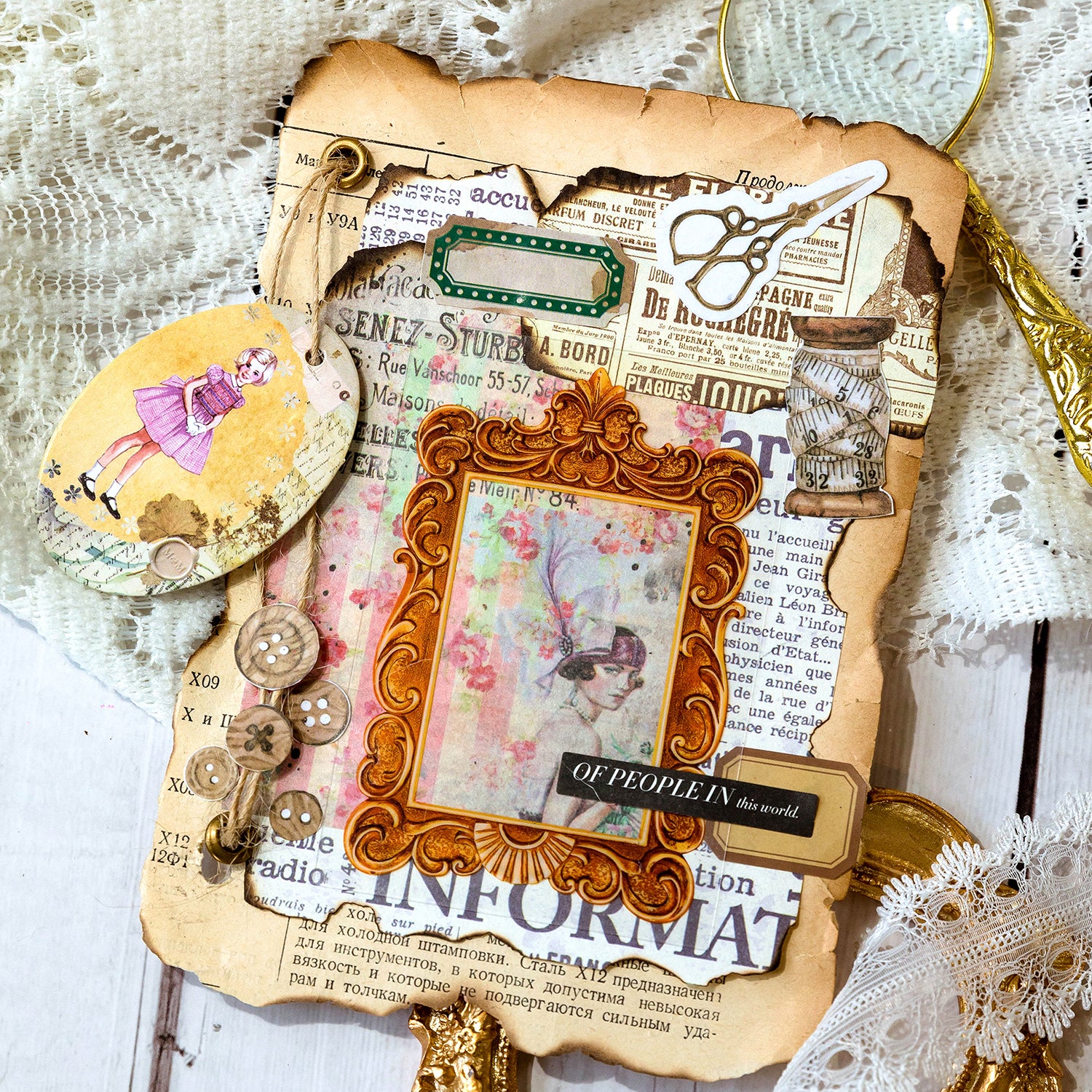 Vintage scrapbook collage using ephemera kit elements with lace, stamps, and retro portraits