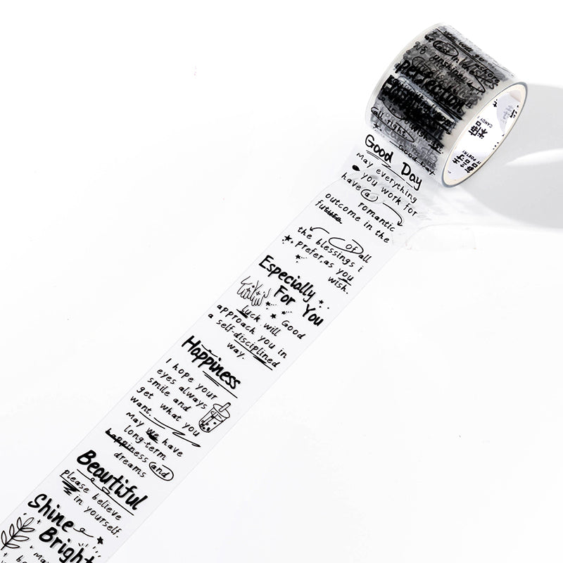 Unrolled vintage script PET tape strip with "Good Day" and "Happiness" phrases in decorative black lettering on transparent backing.