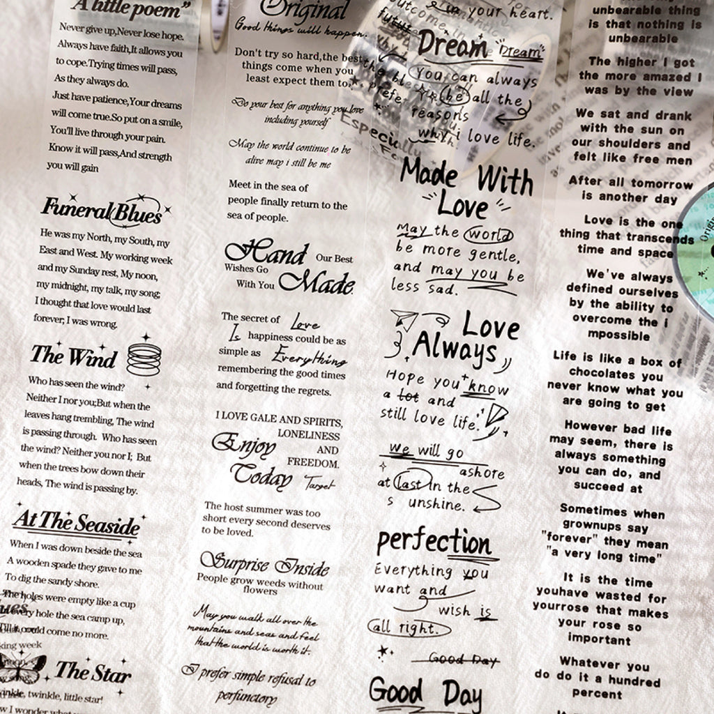 Collage of vintage script PET tape pieces with assorted English phrases, poems, and motivational quotes on aged paper.