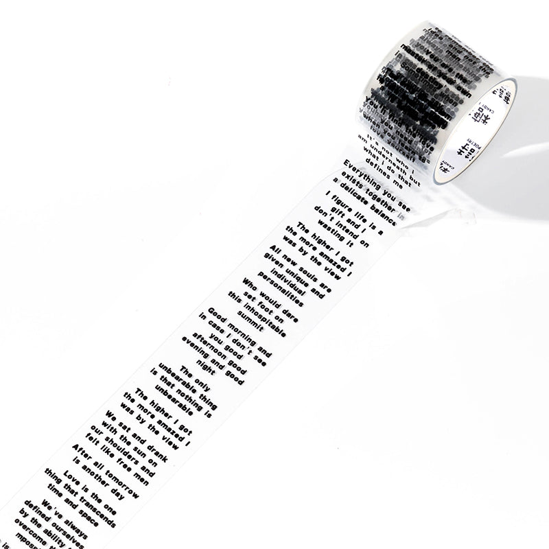 Unrolled vintage script PET tape strip with movie quotes and film monologue text in black typewriter-style font on clear backing.