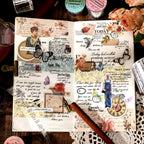 Journal spread decorated with vintage script PET tape, butterfly cutouts, postcard elements, and layered English text phrases.