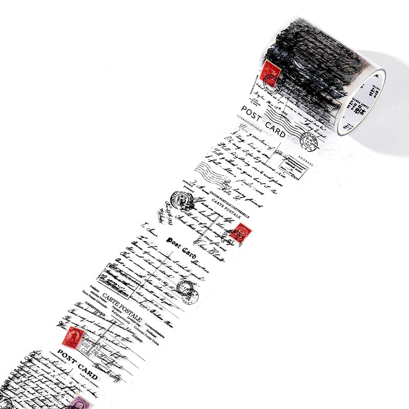 Unrolled vintage script PET tape strip with postcard and handwritten letter phrases, red postage stamp accents on transparent backing.