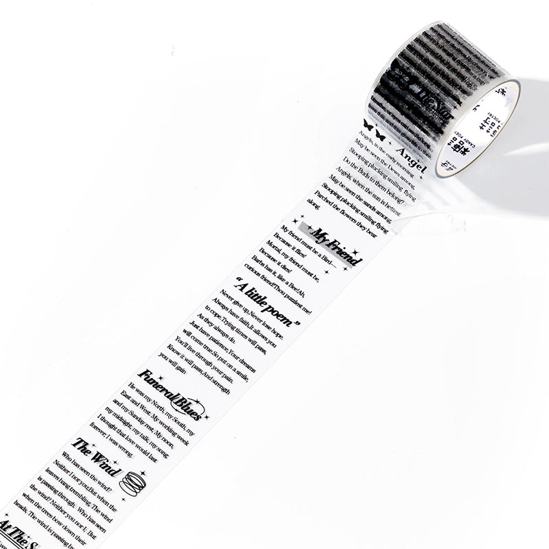 Unrolled vintage script PET tape strip with poem excerpts including "The Wind" and "A Little Poem" in black script on clear PET.