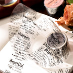 Close-up of vintage script PET tape rolls showing printed labels like Psalm Fragments and Happy memories on translucent backing.