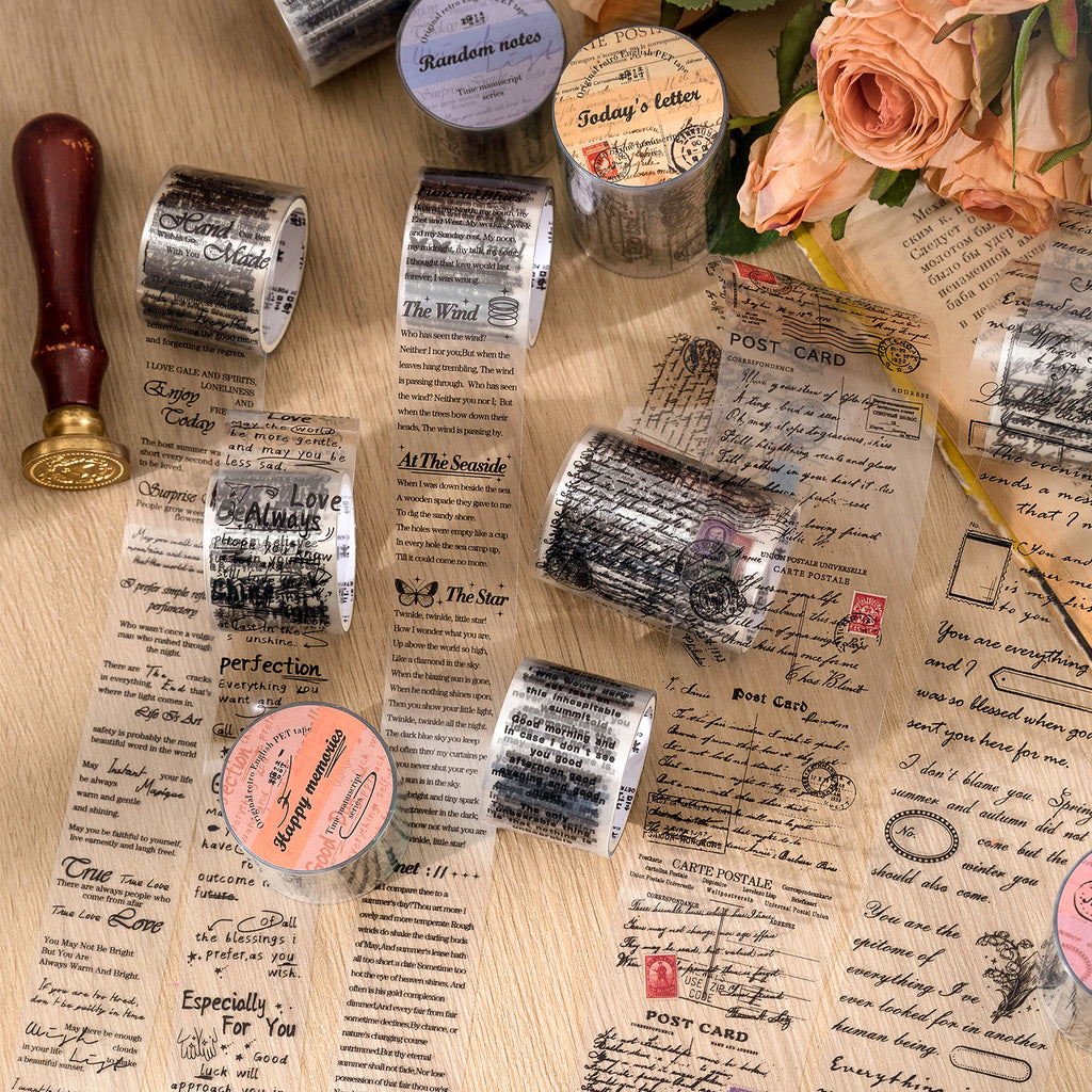 Vintage script PET tape rolls and unrolled strips featuring English text, postage stamps, and butterfly motifs on paper.