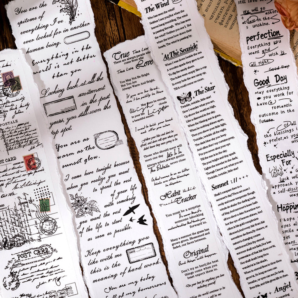 Multiple vintage script PET tape rolls arranged flat, featuring handwritten English phrases and decorative lettering for journaling.