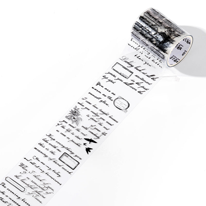 Unrolled vintage script PET tape strip with romantic phrases, butterfly and heart illustrations in purple-tinted black ink on transparent backing.