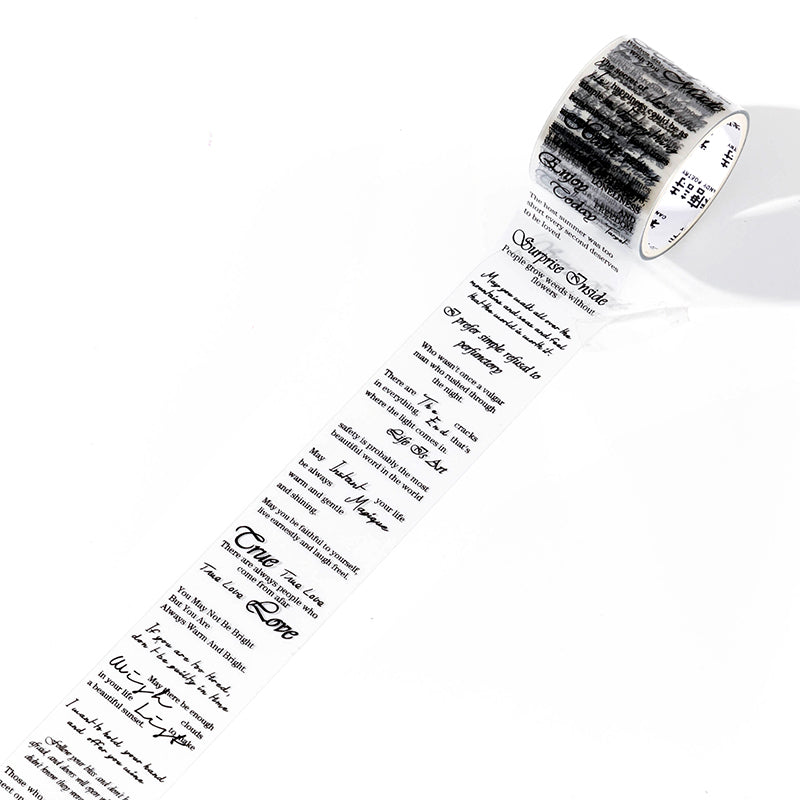 Unrolled vintage script PET tape strip with reflective notes and inspirational quotes in casual black handwriting on clear PET backing.
