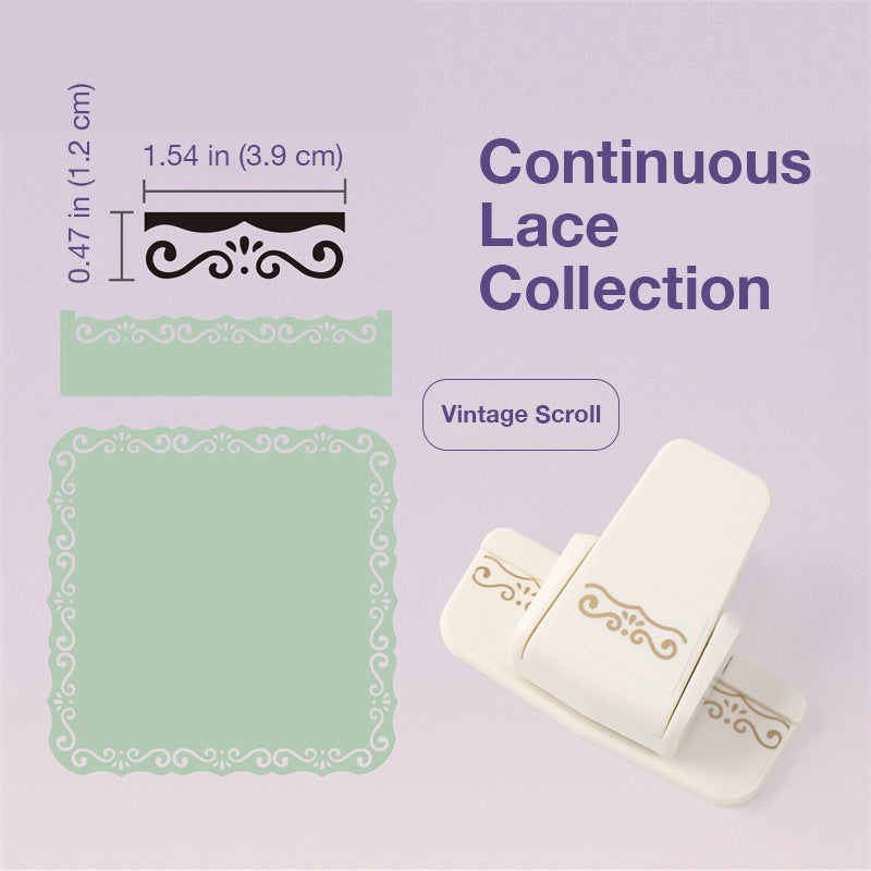 White border punch with vintage scroll pattern cut sample and seamless alignment guide