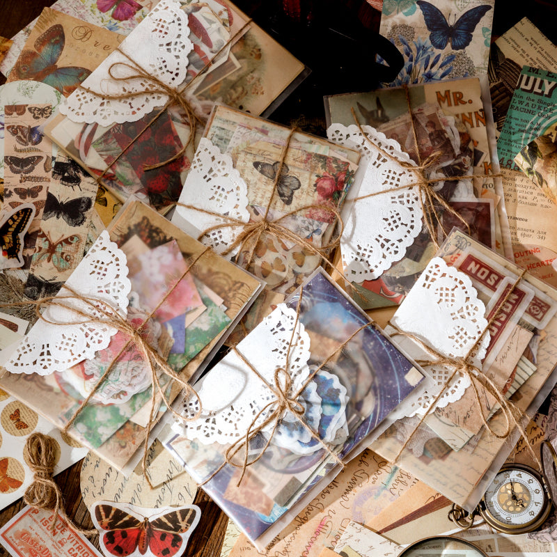 Vintage specimen sticker pack tied with twine — butterflies, moon phases & botanical paper pieces