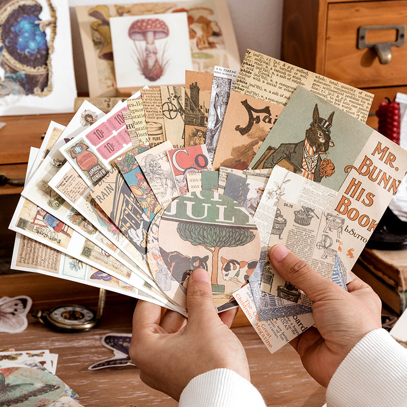 Two hands fanning out vintage specimen material paper sheets — botanical prints, storybook characters, newsprint and dictionary pages spread over a wooden desk with drawer cabinet in background