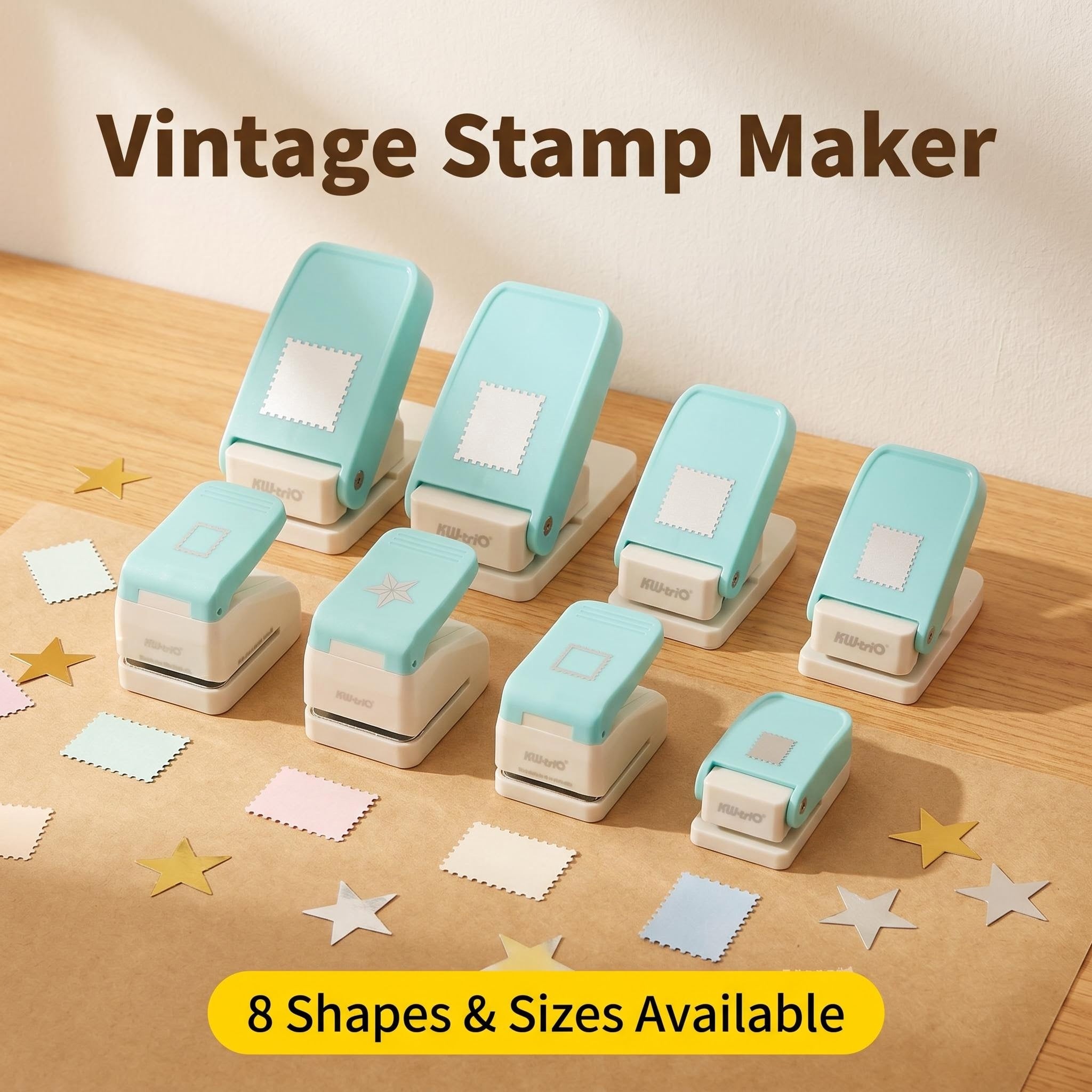 Complete stamp punch collection eight sizes displayed on kraft paper perforated cutouts star shapes scattered
