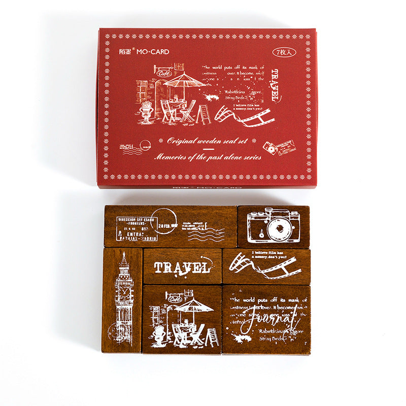  Red themed wooden stamp set box with travel motifs