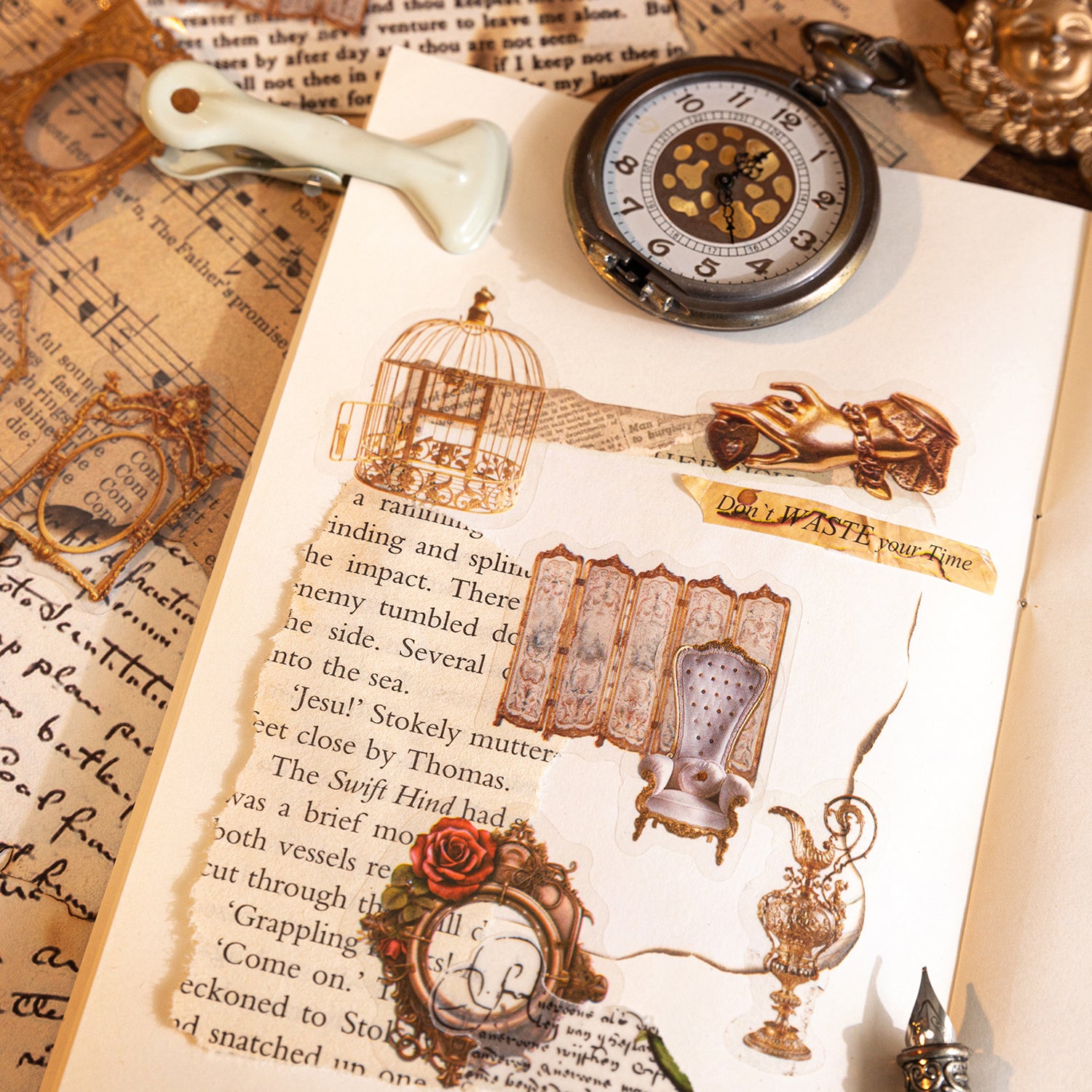 Vintage PET sticker collage on torn paper featuring a birdcage, gloved hand, folding screen, armchair, and rose frame beside a pocket watch.