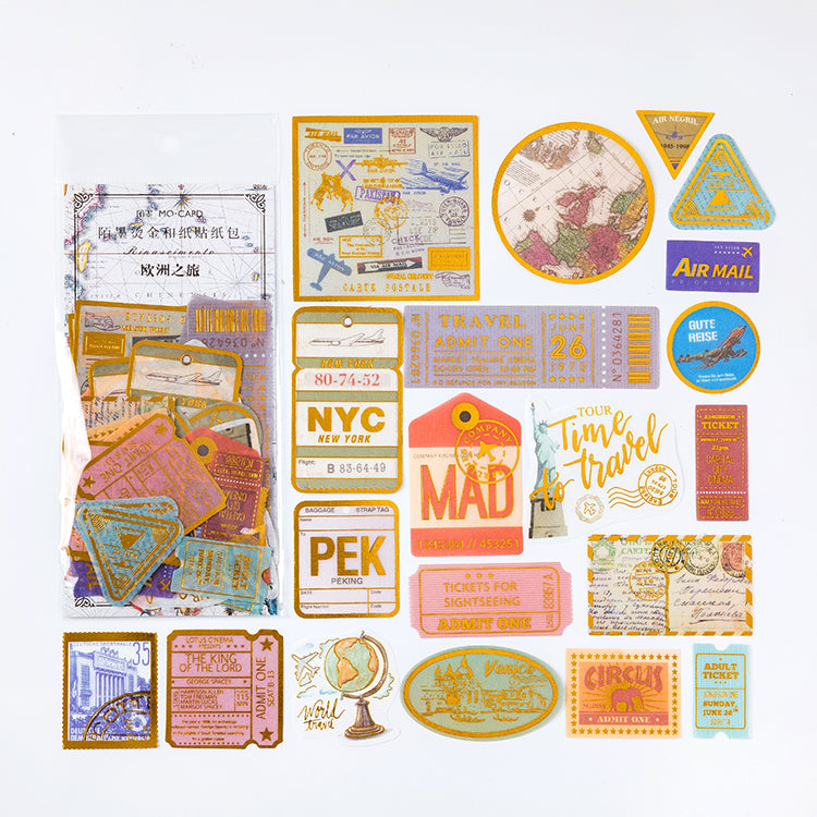 Vintage travel tickets and luggage tag gold foil stickers