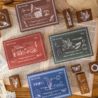 Four vintage wooden stamp sets with nature and memory themed rubber faces