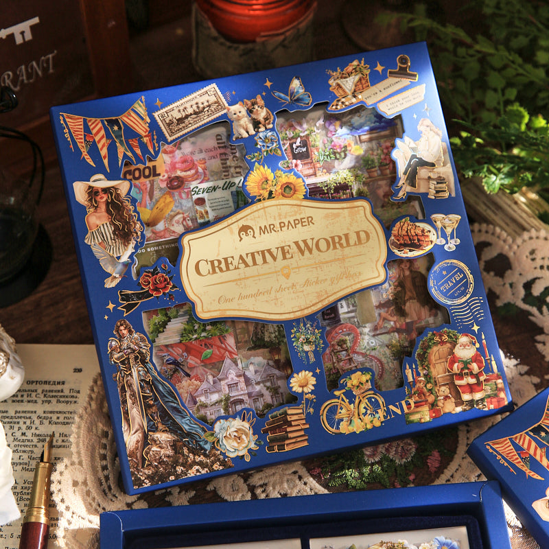 Vintage world creative sticker gift box in blue packaging with assorted landmark, literary, and gothic design stickers visible through the lid, sealed box ready for gifting
