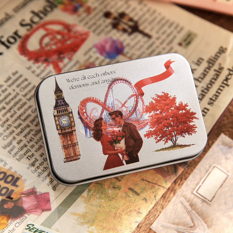 Close-up of vintage world sticker featuring big ben clock tower, ferris wheel, and literary text typography on cream background, gothic romantic ephemera design
