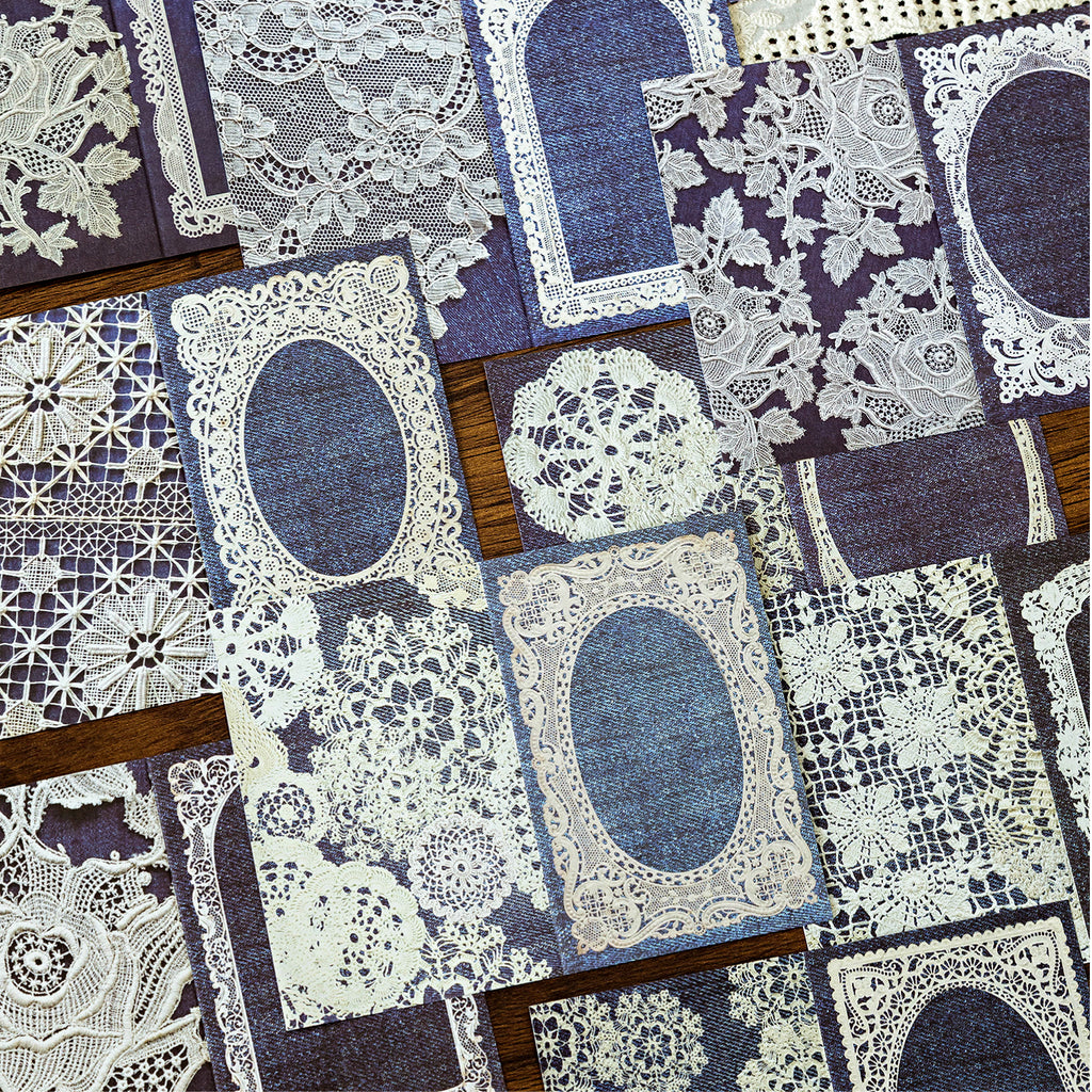 Vintage blue lace memo pads with white crochet borders and oval frames for journal layering