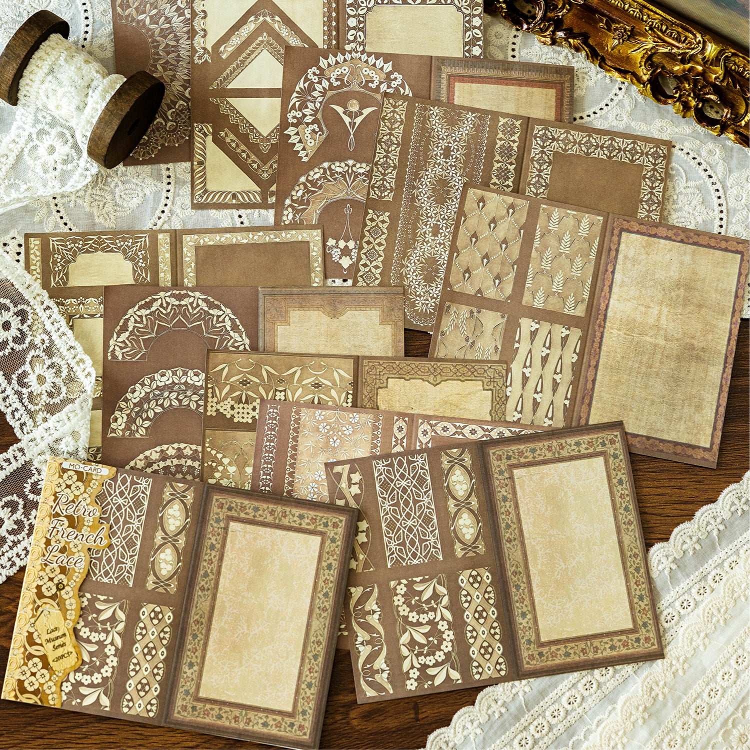Vintage brown lace memo pads with antique frame borders and retro illustrations for scrapbooking