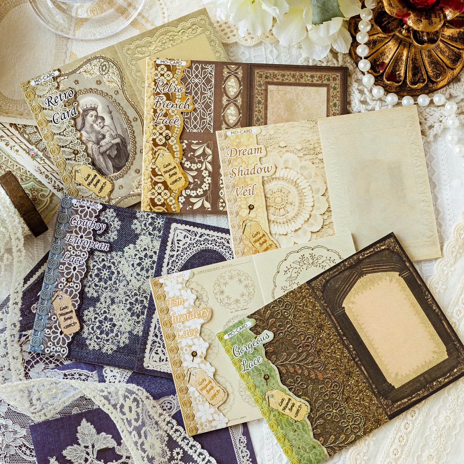 Vintage lace memo pad set showing six romantic styles including French lace and embroidery designs for journaling