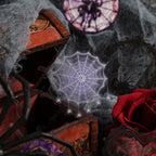 Purple spider web sticker styled with a moth on dark red silk