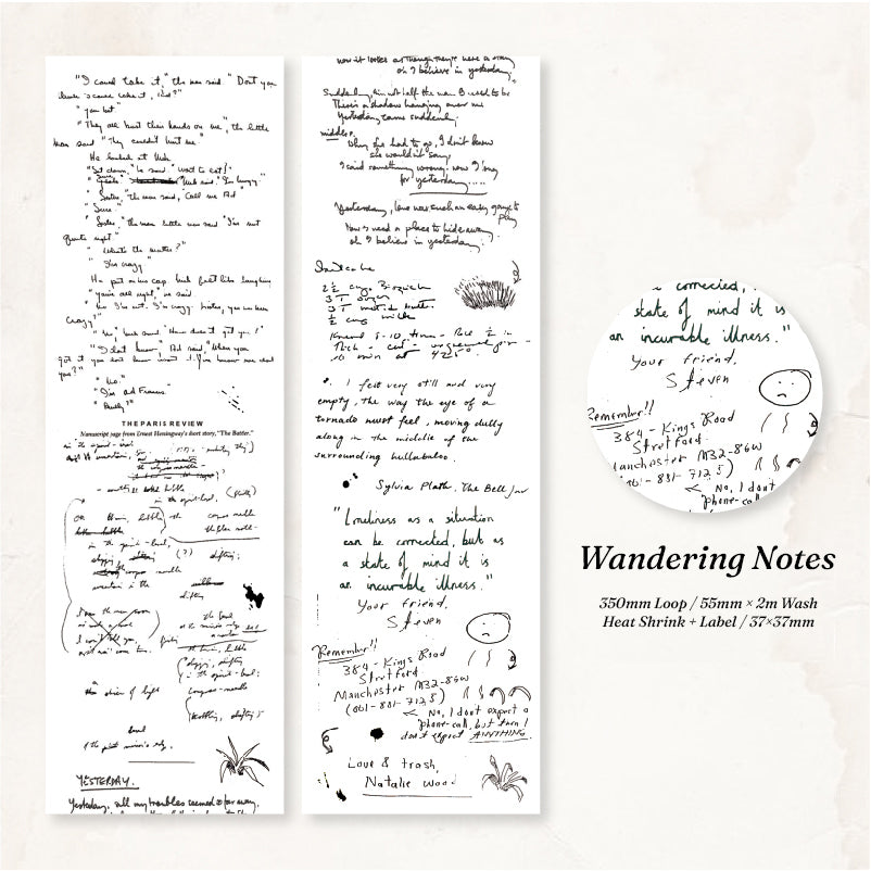 Wandering Notes washi tape with scattered handwritten diary entries doodles and vintage address labels