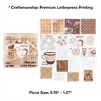 Variant image for the Warm Bakery style of the vintage letterpress faux postage stamp ephemera pack. Showcases 20 detailed die-cut stamps in warm brown hues featuring coffee, croissant, and strawberry motifs, letterpress printed on premium textured specialty papers.