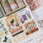 Floral Whisper washi tapes used in a vintage journal spread, layered with floral ephemera cards and botanical stickers on aged paper