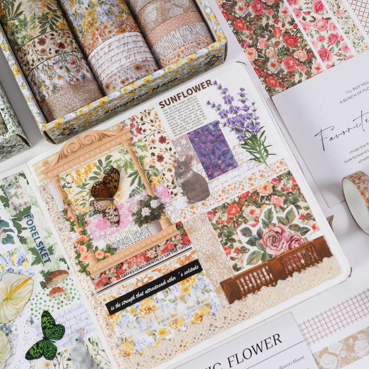 Floral Whisper washi tapes used in a vintage journal spread, layered with floral ephemera cards and botanical stickers on aged paper